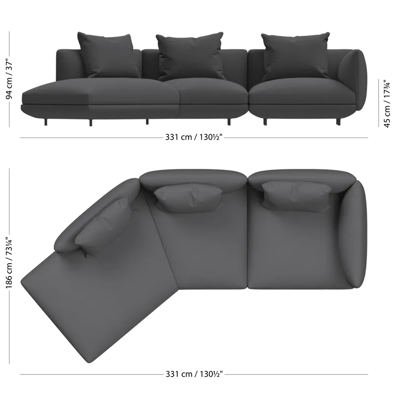 3-местный диван c козеткой Salamanca - Napoli 2250 Ткань серебристо-серая  -  Под заказ