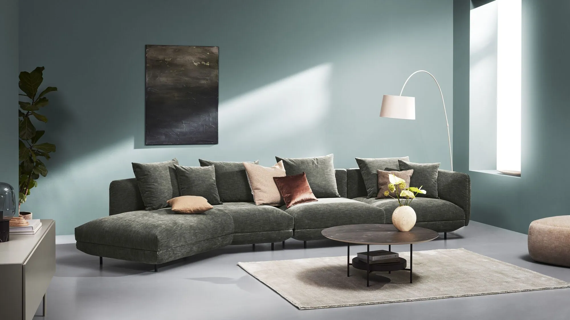 3-местный диван c козеткой Salamanca - Napoli 2250 Ткань серебристо-серая  -  Под заказ в интерьере