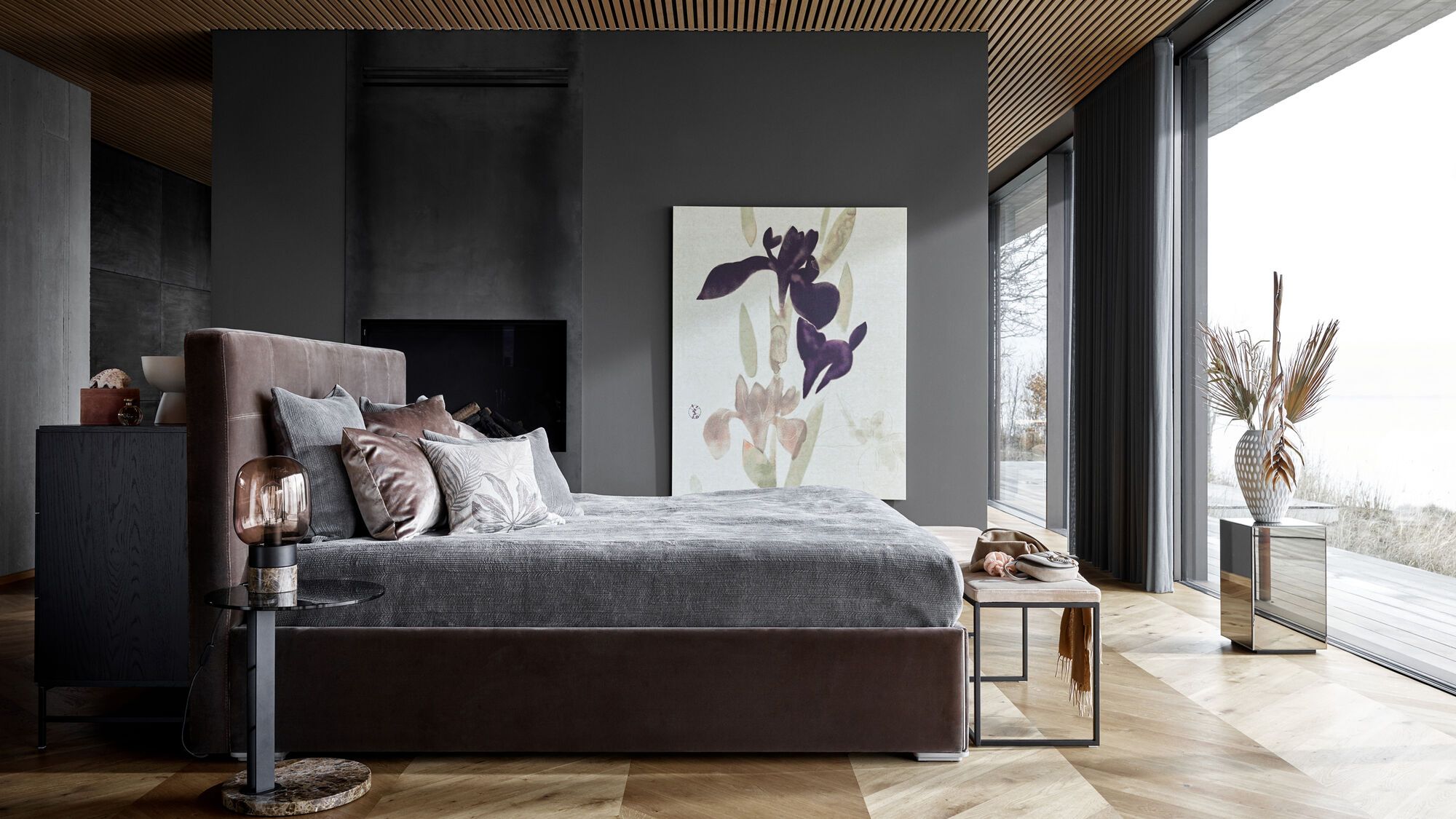 Скамейка London - Velvet 3030 Серая ткань  -  Под заказ в интерьере