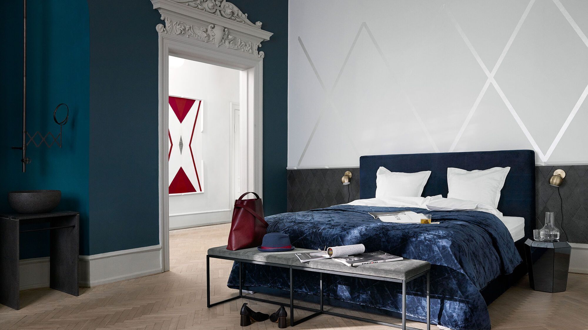 Скамейка London - Velvet 3030 Серая ткань  -  Под заказ в интерьере